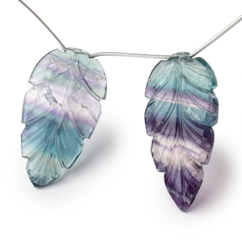 41x22-44.5x22mm Fluorite Hand Carved Leaf Focal Set of 2 Beads