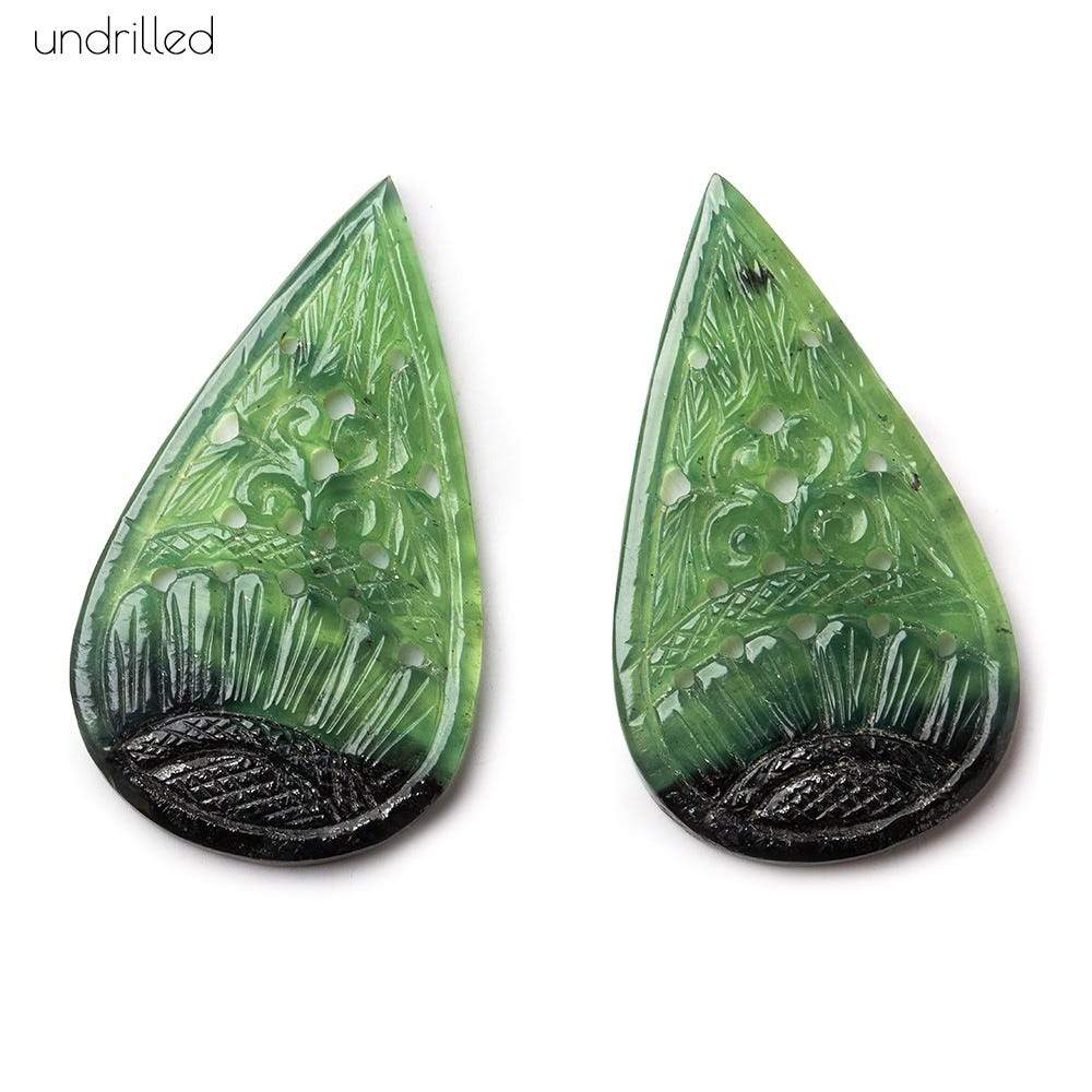41x24x3.5mm Serpentine Gem Quality Hand Carved Pear Focal Set of 2