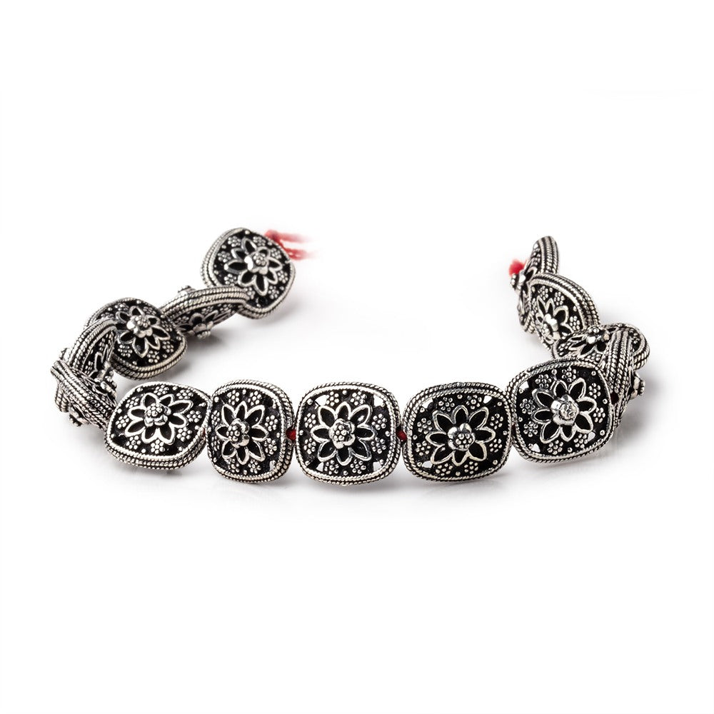 15x13mm Antiqued Sterling Silver Plated Copper Floral Cushion 8 inch 14 Beads