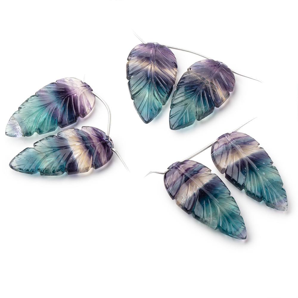 43x22mm Fluorite Hand Carved Leaf Set of 2 Focal Beads AAA