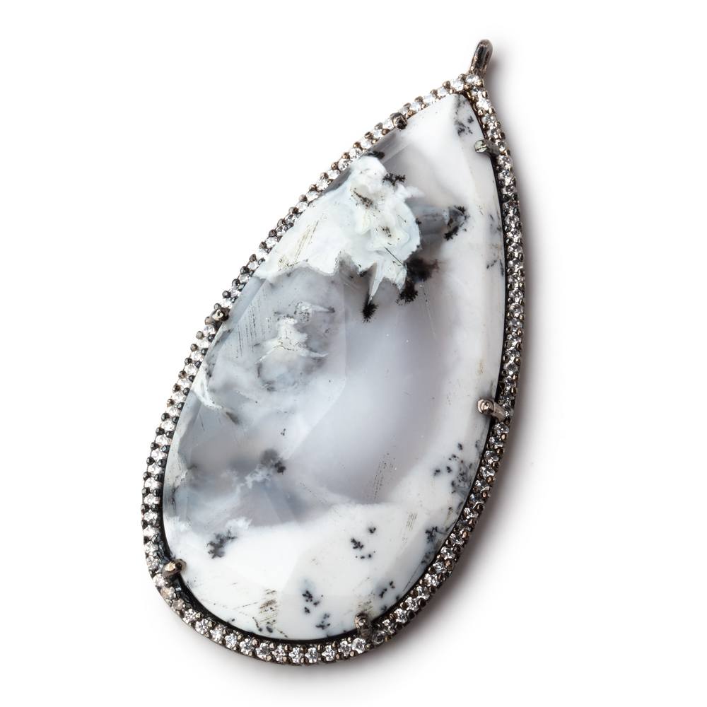 47.5x26mm Black Gold Bezeled White CZ & Dendritic Opal Pear Pendant 1 pc