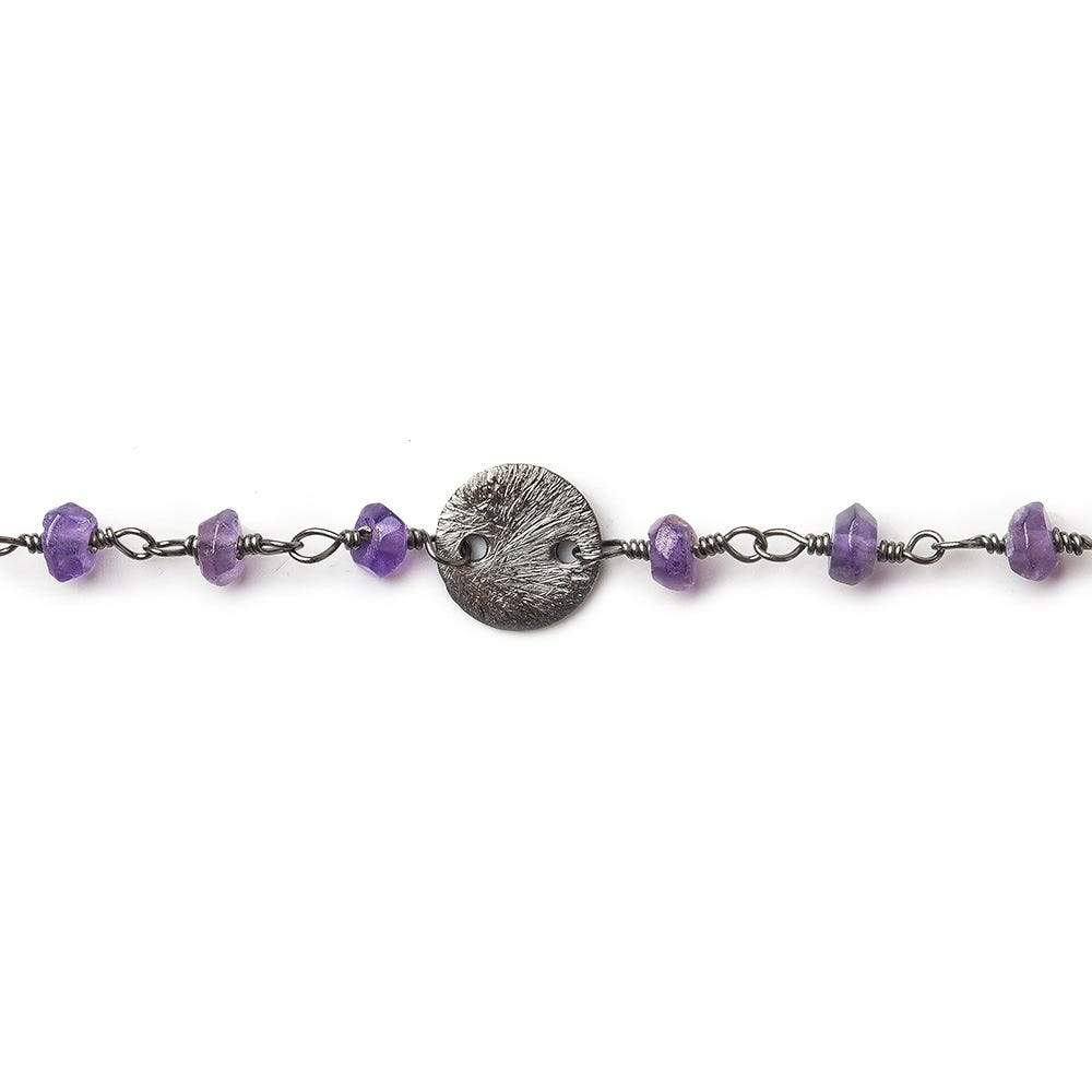 4mm Amethyst rondelle and Brushed Disc Black Gold plated Chain by the foot