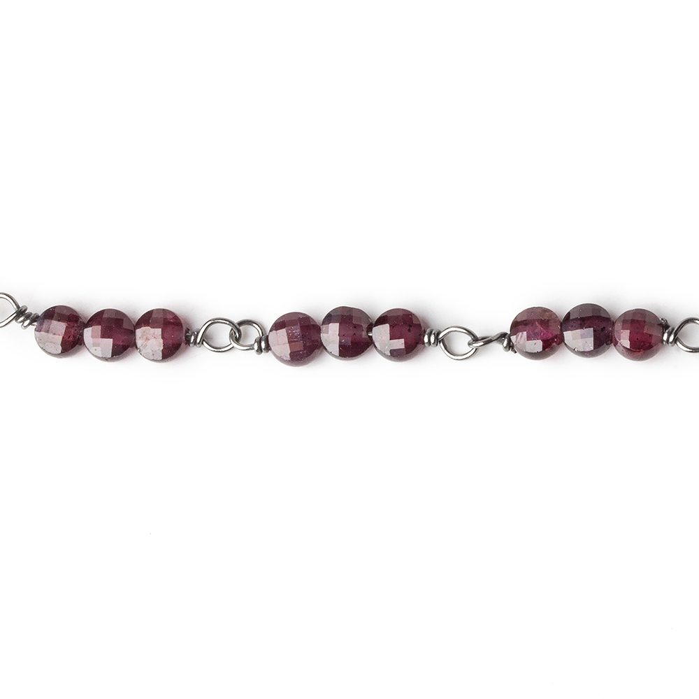 4mm Garnet faceted coin Trio Black Gold Chain by the foot 54 beads per length