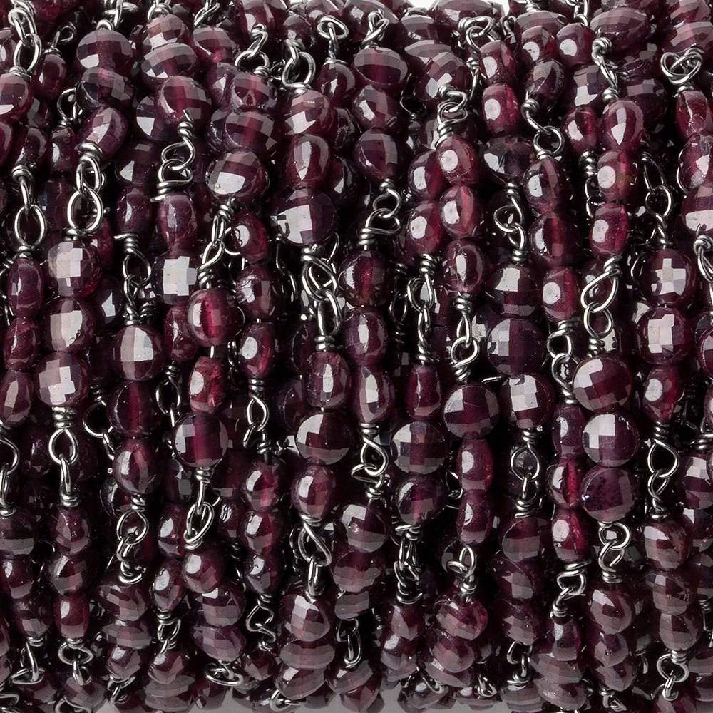 4mm Garnet faceted coin Trio Black Gold Chain by the foot 54 beads per length