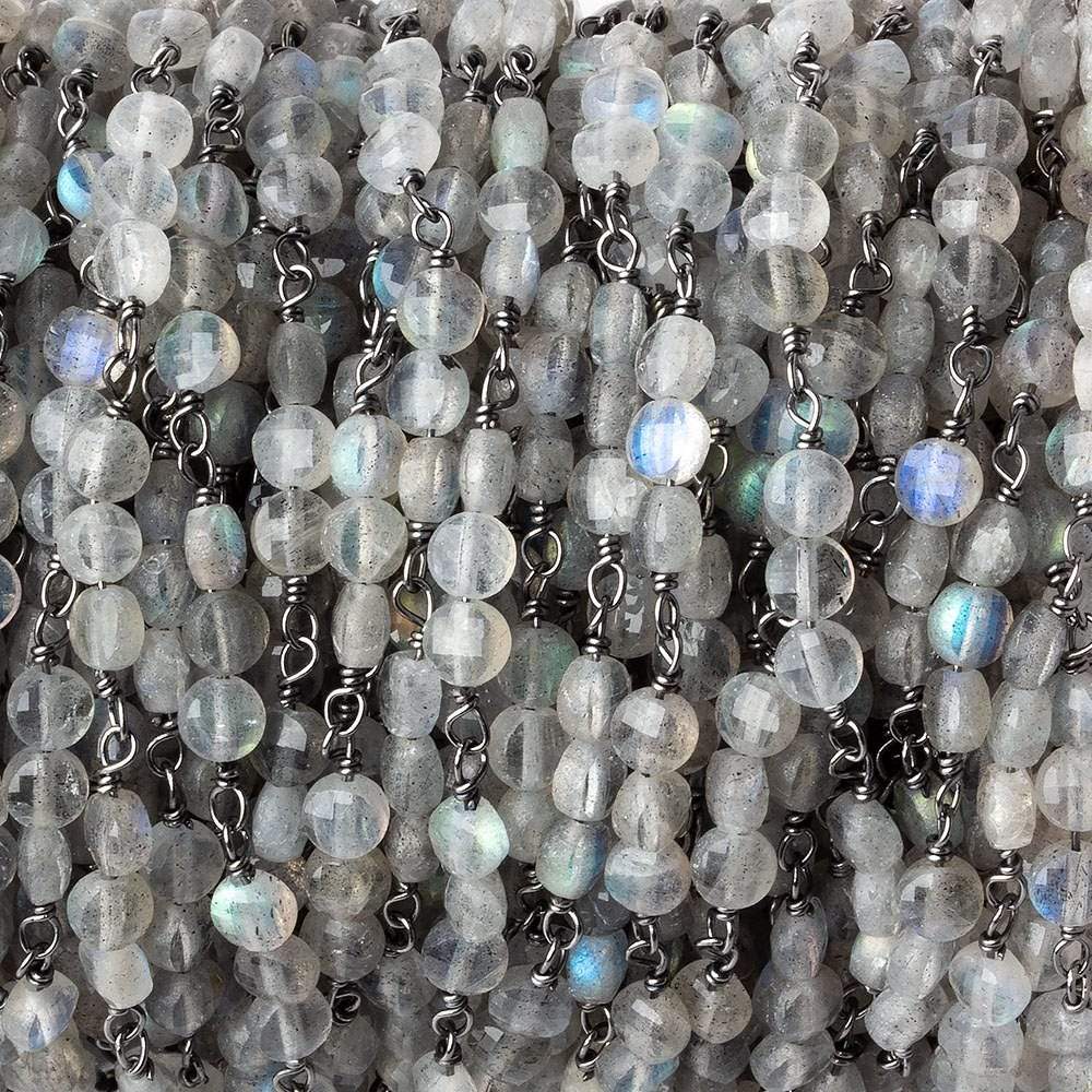 4mm Labradorite faceted coin Trio Black Gold Chain by the foot 54 beads per length