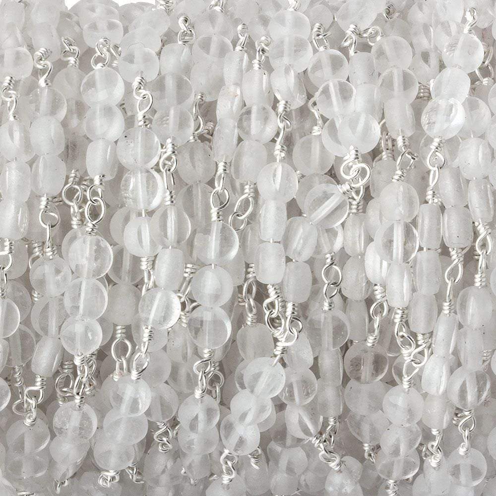4mm Matte Crystal Quartz faceted coin Trio Silver Chain by the foot 54 beads per length