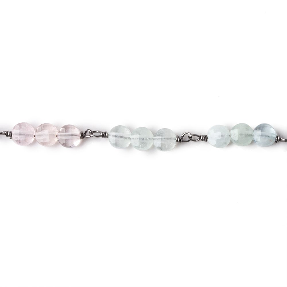 4mm Multi Color Beryl faceted coin Trio Black Gold Chain by the foot 54 beads per length