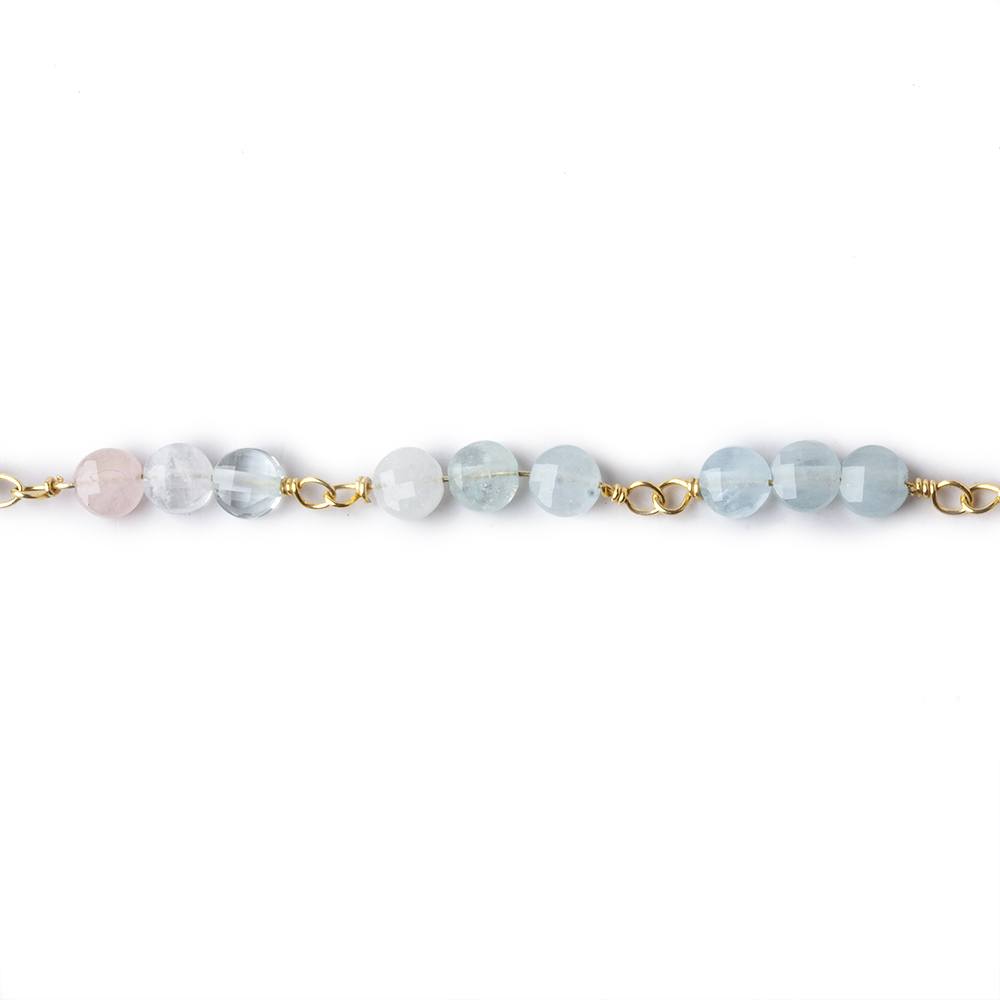 4mm Multi Color Beryl faceted coin Trio Gold Chain by the foot 54 beads per length