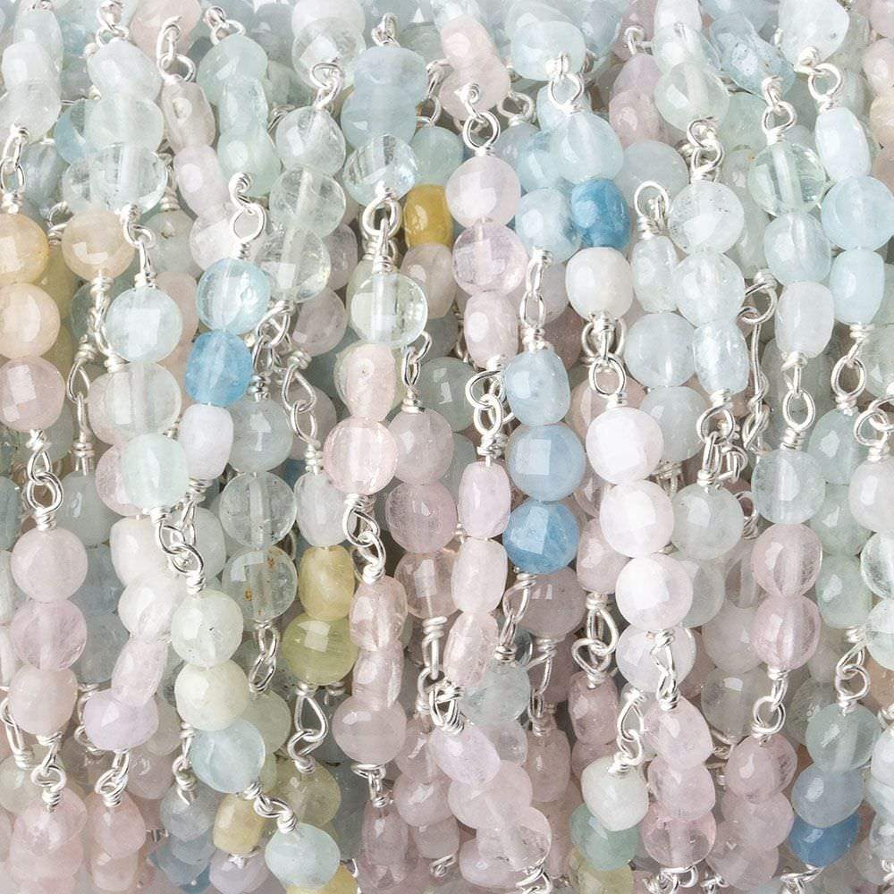 4mm Multi Color Beryl faceted coin Trio Silver Chain by the foot 54 beads per length
