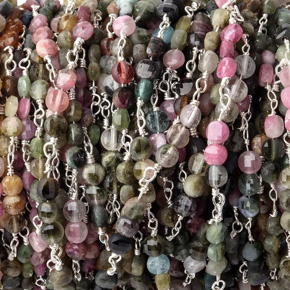 4mm Multi Color Tourmaline Faceted Coin Trio Silver Plated Chain by the Foot 51 Beads