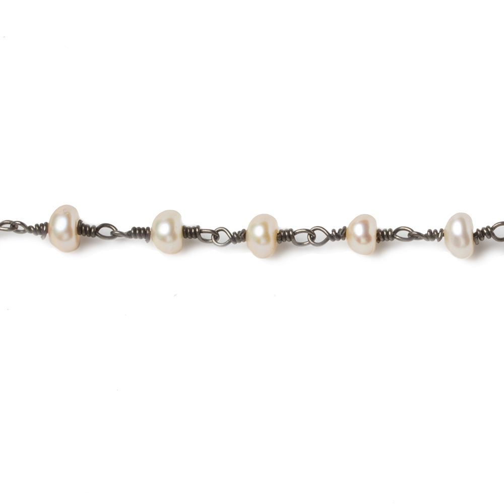5mm Cream Button Freshwater Pearl Black Gold .925 Chain by the foot 32 beads