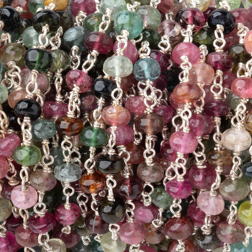5mm Multi Color Tourmaline Plain Rondelles on Sterling Silver Chain