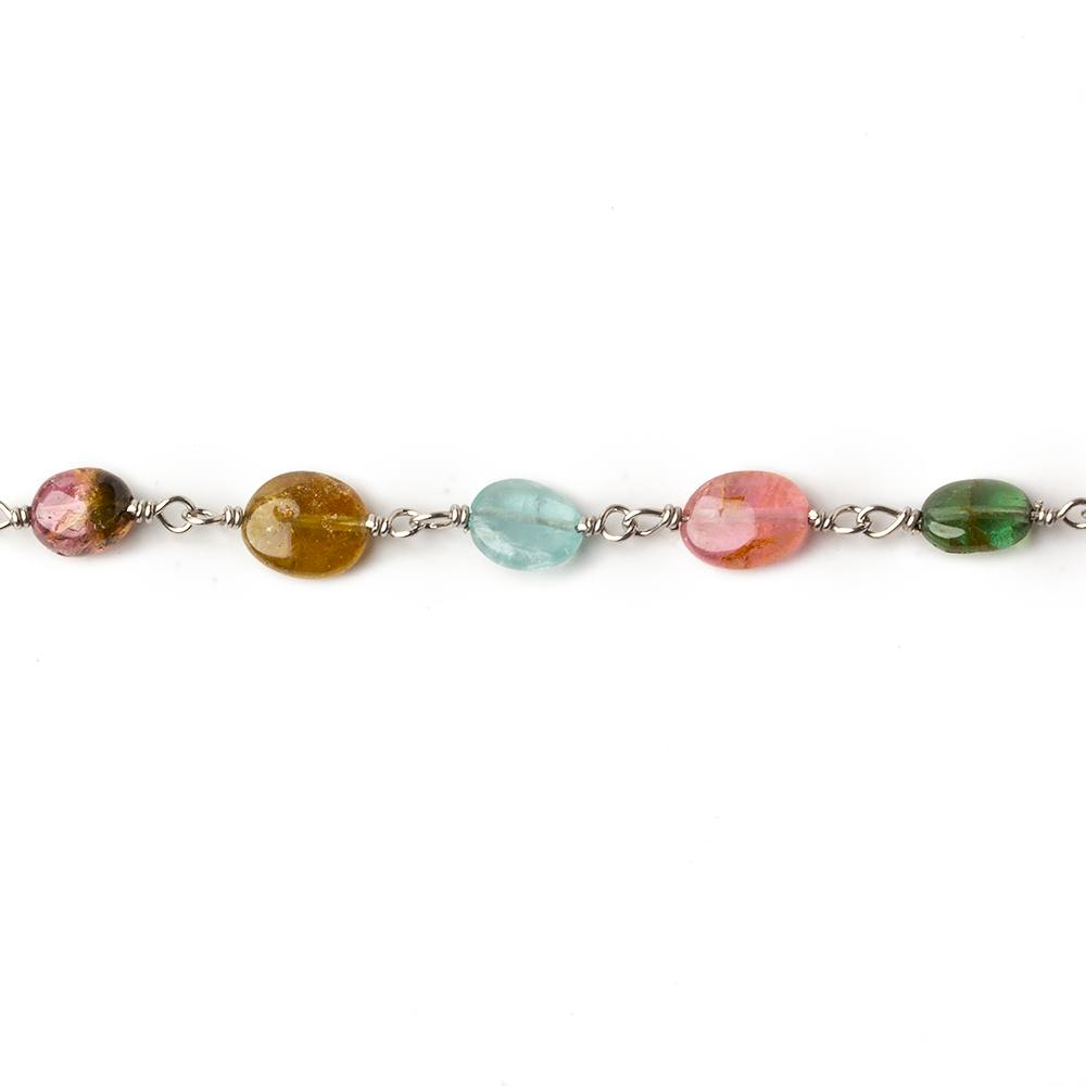 5x4-7x5mm Multi Color Tourmaline plain oval Silver .925 Chain by the foot 27 beads per