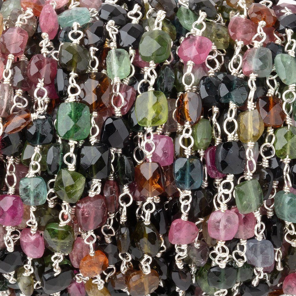5x4.5mm Multi Color Tourmaline Faceted Rectangles on Sterling Silver Chain