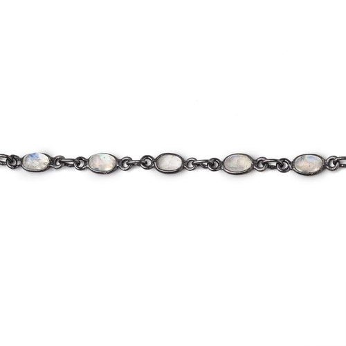 5x4mm Rainbow Moonstone Faceted Oval Cabochon Black Gold .925 Bezeled Chain
