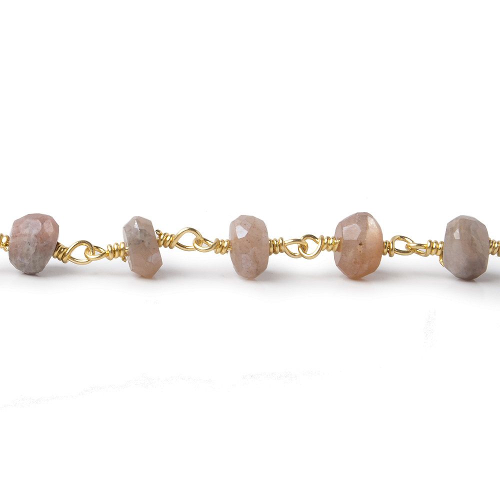 6-6.5mm Mystic Angel Skin Peach Moonstone faceted rondelle Gold Chain by the foot 25 pcs