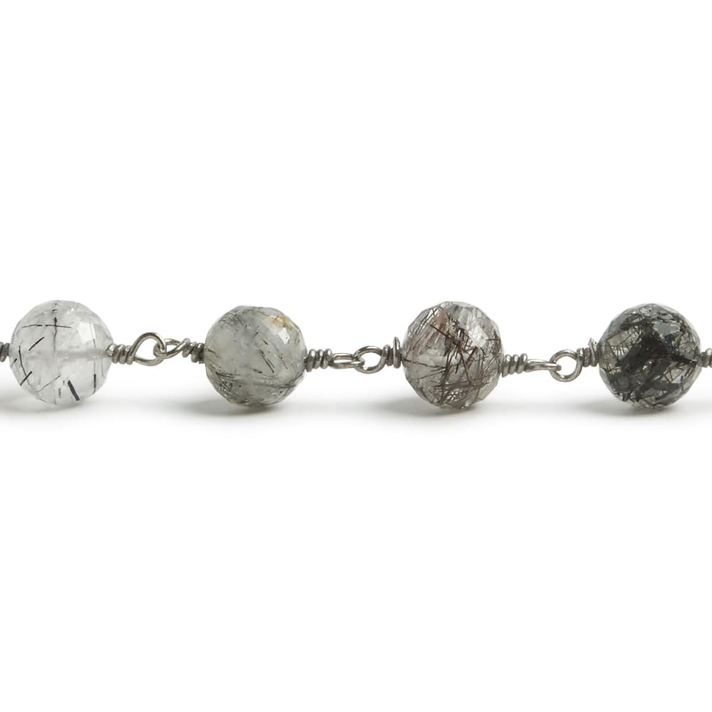 6.5mm Black Tourmalinated Quartz faceted round Black Gold .925 Silver Chain by the foot 24 pieces