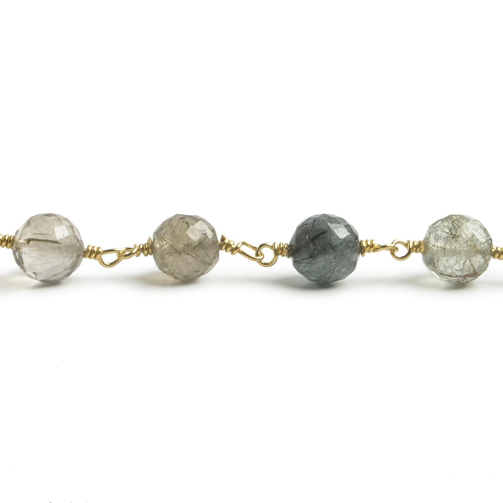 6.5mm Green Tourmalinated Quartz faceted round Vermeil Chain by the foot 24 pieces