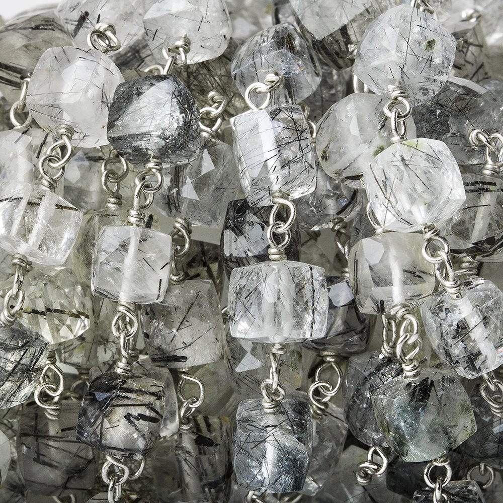6mm Black Tourmalinated Quartz Faceted Cube Sterling Silver Chain by the foot