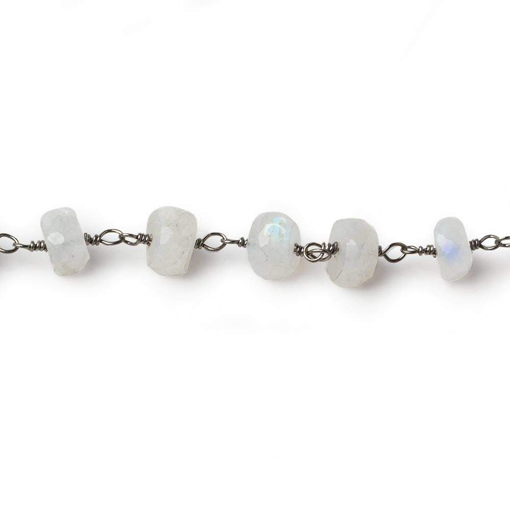 6mm Rainbow Moonstone faceted rondelle Black Gold plated Chain by the foot 29 pcs