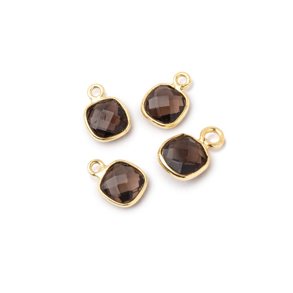 6mm Vermeil Bezel Smoky Quartz Faceted Cushion Focal Pendants Set of 4 pieces