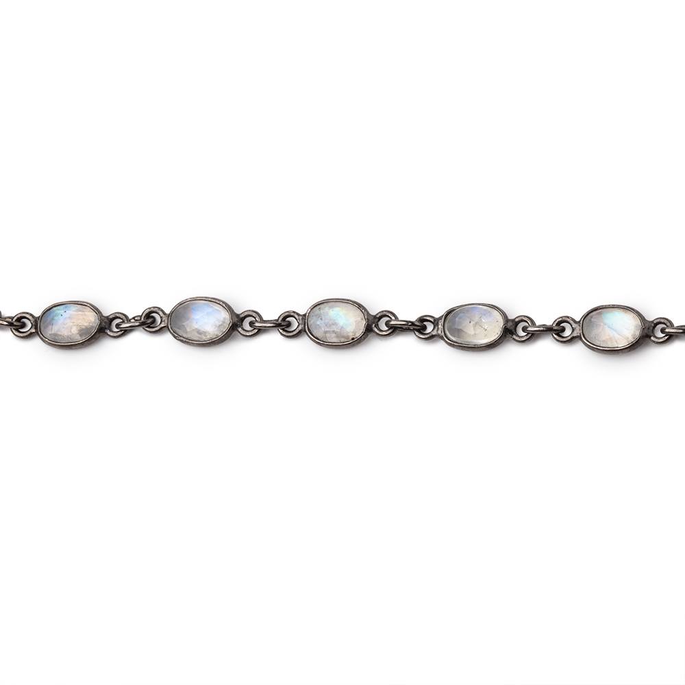 6x5mm Rainbow Moonstone Faceted Oval Cabochon Black Gold .925 Bezeled Chain