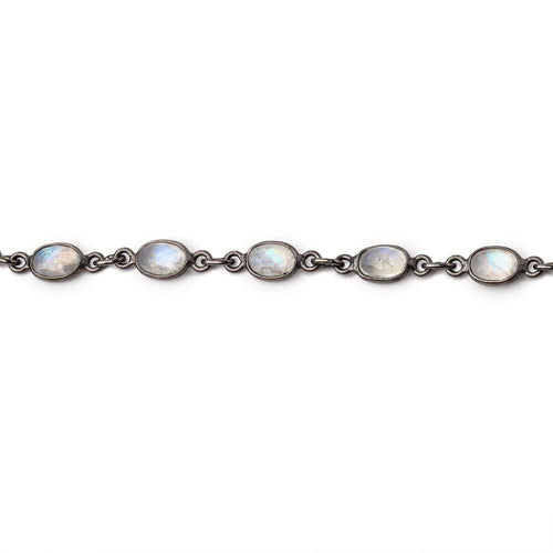 6x5mm Rainbow Moonstone Faceted Oval Cabochon Black Gold .925 Bezeled Chain