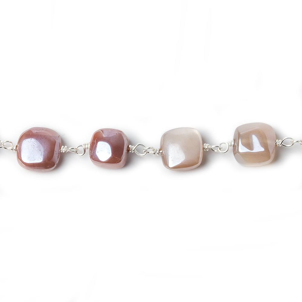 7-7.5mm Mystic Moonstone puffy square .925 Silver Chain by the foot 24 pcs