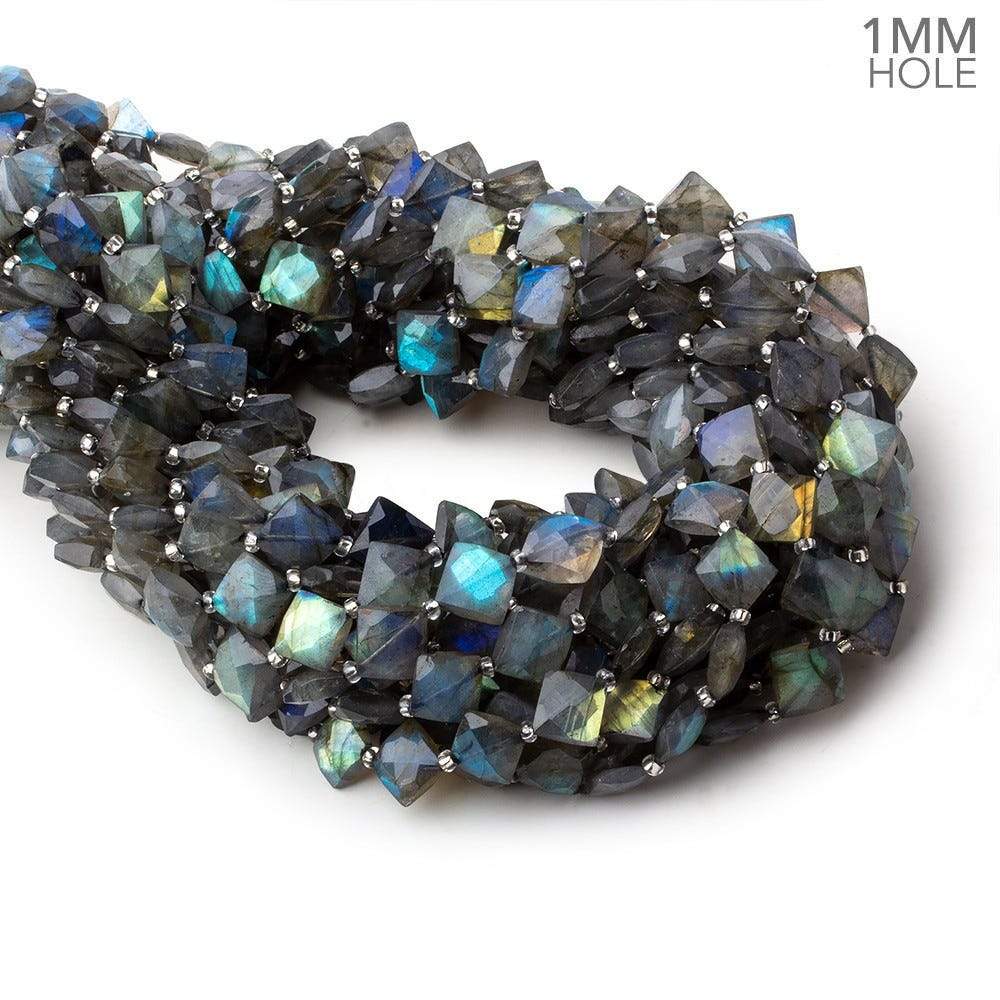 7-8mm Labradorite Corner Drilled Faceted Square Beads 15.5 inch 36 pieces AA 1mm Hole