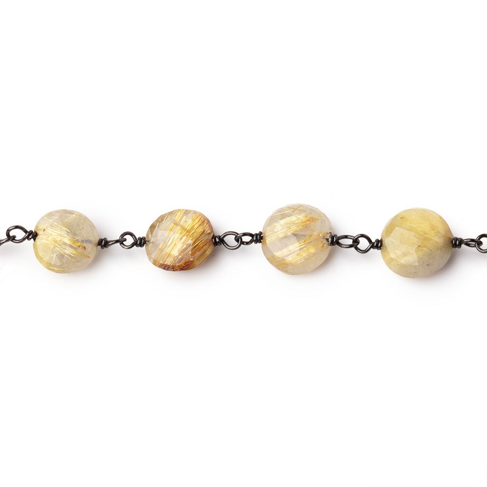 7-8mm Rutilated Quartz Faceted Coins on Black Gold over .925 Silver Chain