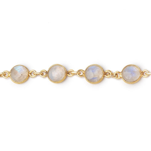 7.5-8mm Rainbow Moonstone Faceted Coin Cabochon Vermeil Bezeled Chain