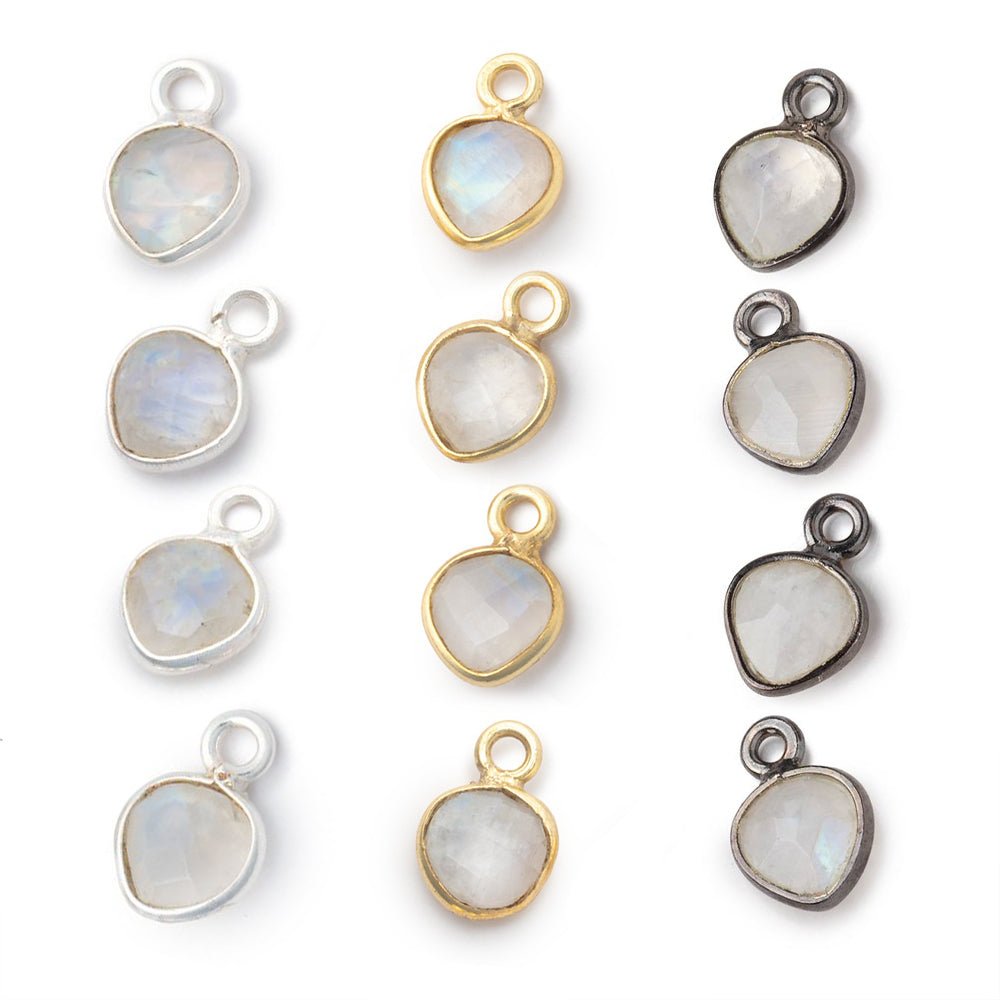 7mm Bezel Set Rainbow Moonstone Faceted Heart Set of 4 Pendants