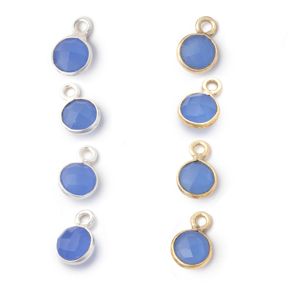 7mm Bezel Set Santorini Blue Chalcedony Faceted Coin Set of 4 Pendants