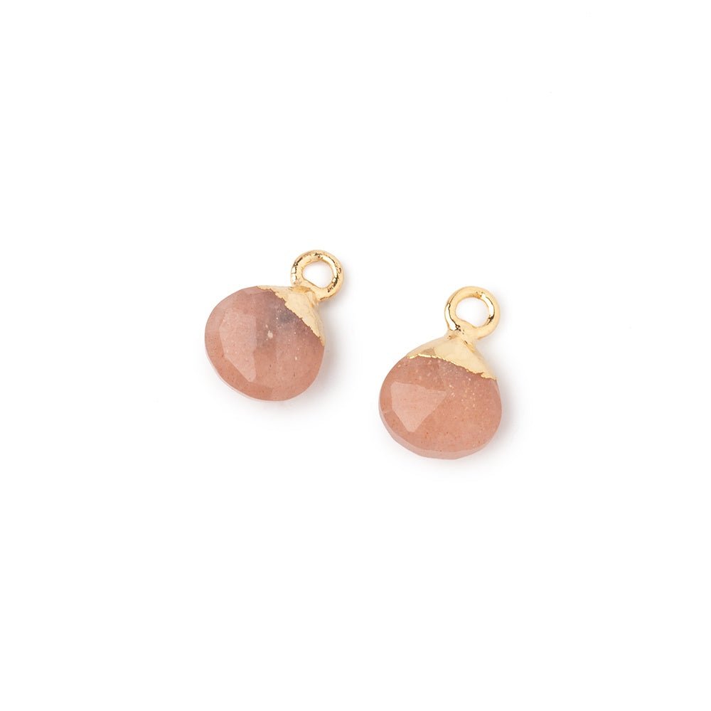 7mm Gold Leafed Peach Moonstone Faceted Heart Set of 2 Pendants