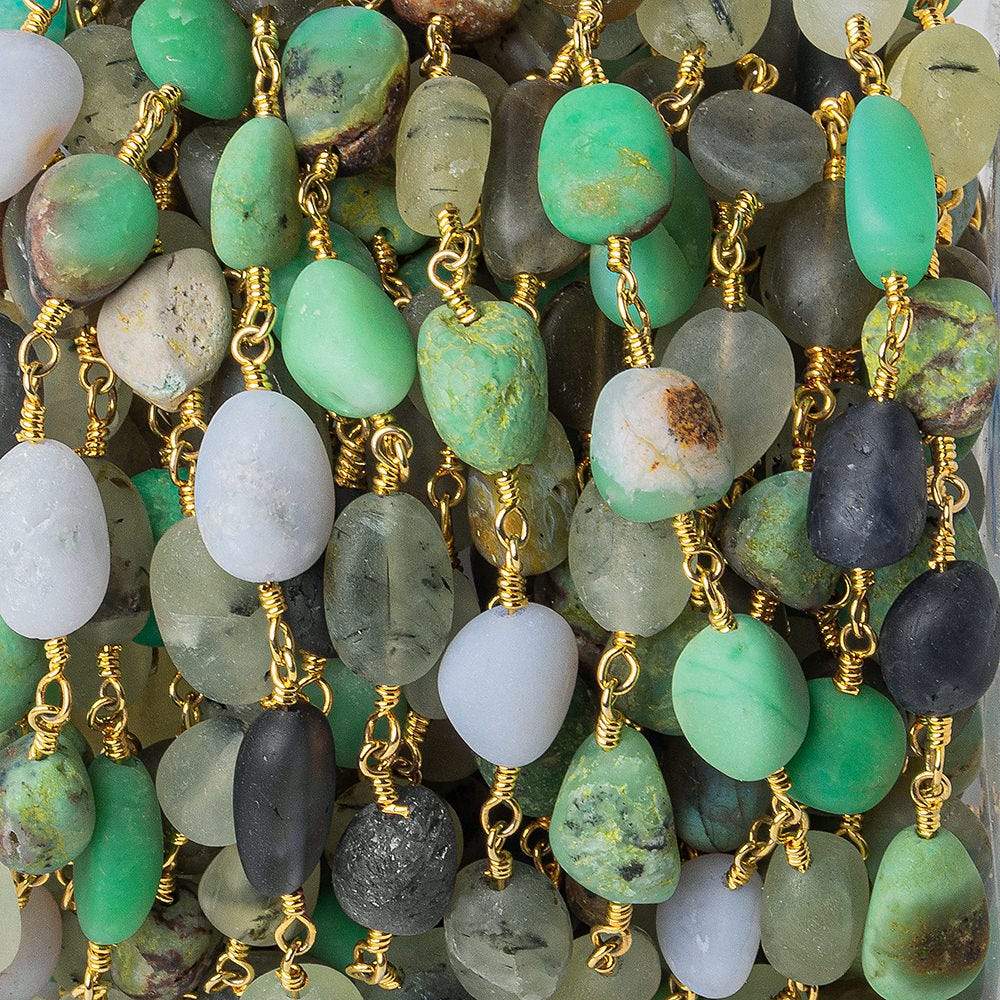 7x6-11x7mm Matte Multi Gemstone plain nugget Gold plated Chain by the foot 20 beads per