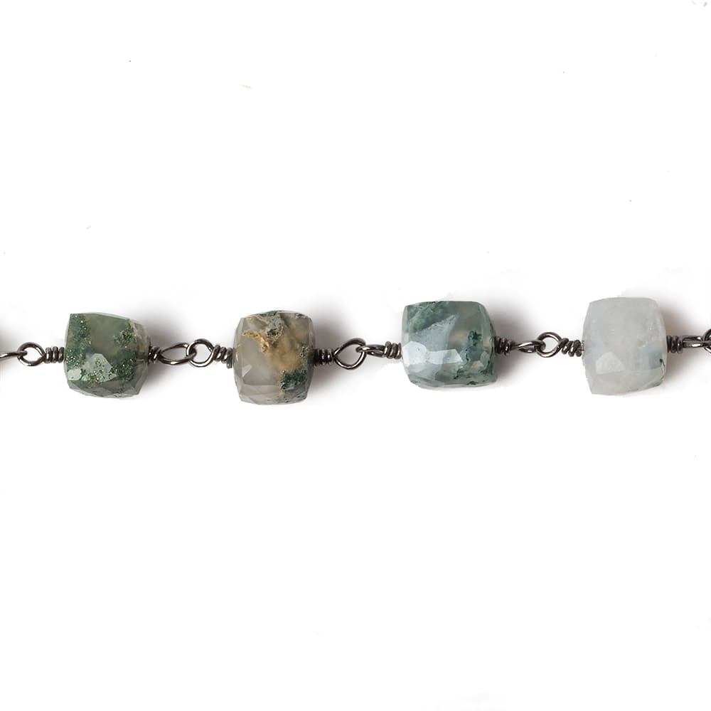 7x7mm Moss Agate faceted cube Black Gold plated .925 Silver Chain by the foot 22 pcs