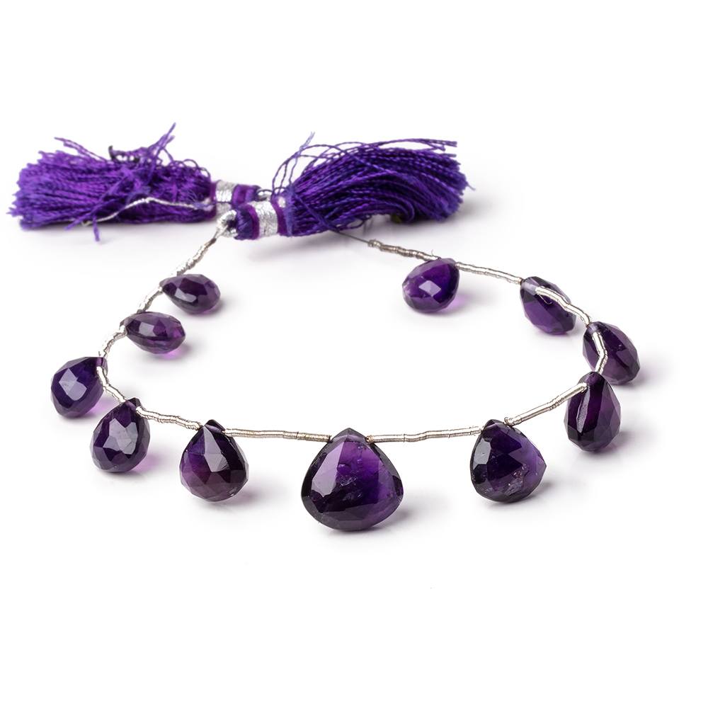 8-12.5mm Amethyst Faceted Heart Beads 7.25 inch 11 pieces AA