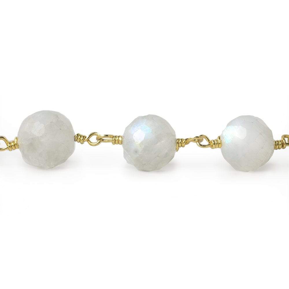8-8.5mm Rainbow Moonstone faceted round Gold Chain by the foot 22 pieces