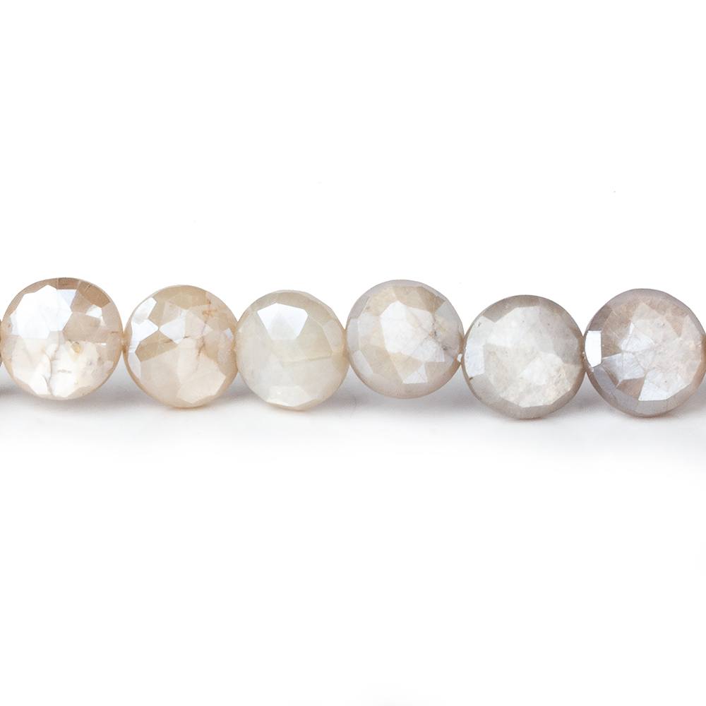 8-9mm Mystic Grey & Off White Moonstone faceted coins 14 inch 33 beads
