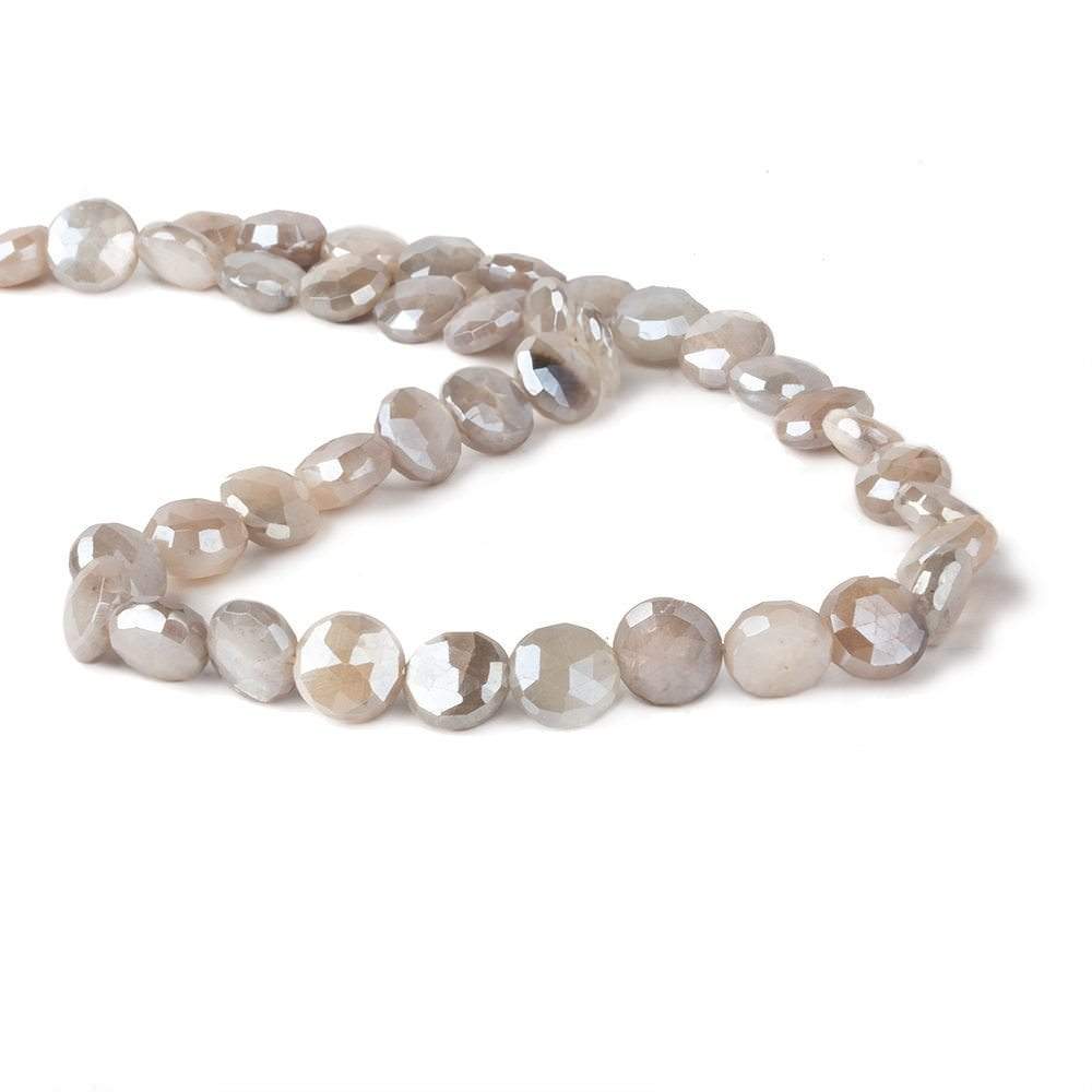 8-9mm Mystic Grey & Off White Moonstone faceted coins 14 inch 33 beads