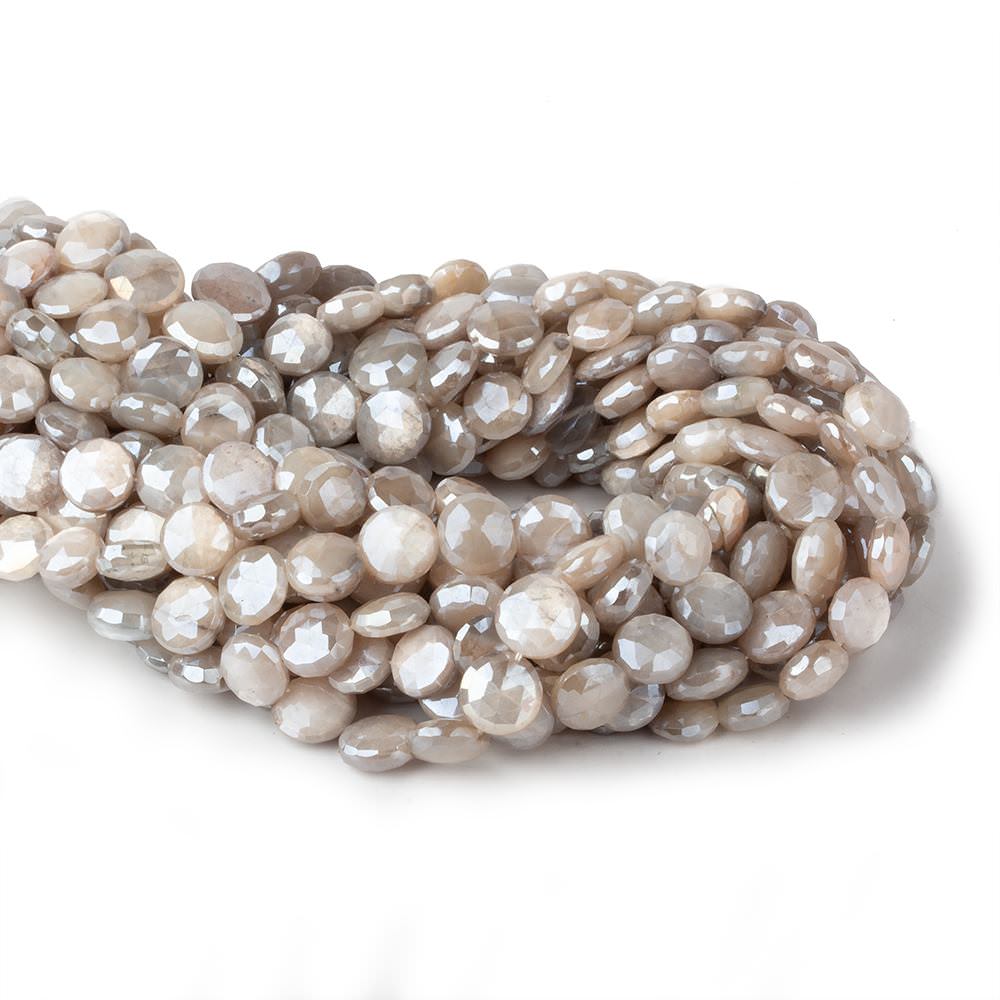 8-9mm Mystic Grey & Off White Moonstone faceted coins 14 inch 33 beads