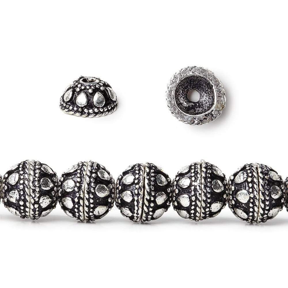 8mm Antiqued Sterling Silver plated Bead Cap Dots and Rope Center Design 8 inch 54 beads