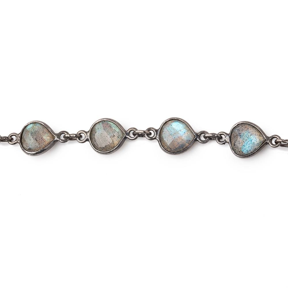 8mm Labradorite Faceted Heart Black Gold .925 Bezeled Chain