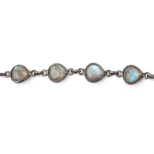 8mm Labradorite Faceted Heart Black Gold .925 Bezeled Chain