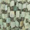 8x7-11x7mm Aquamarine Bevel Faceted Rectangle Black Gold plated Chain by the foot 18 beads