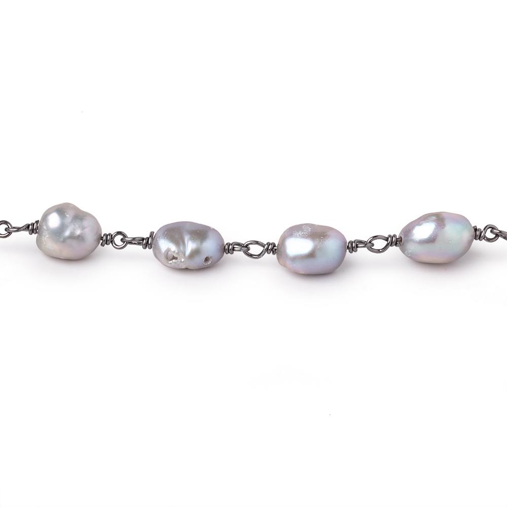 9-10mm Silver Baroque Pearls on Black Gold over .925 Silver Chain