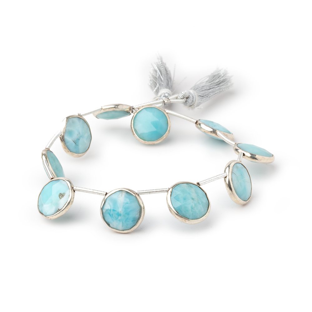 9-11mm Sterling Silver Bezel Larimar Top Drill Coins 6 inch 10 Beads
