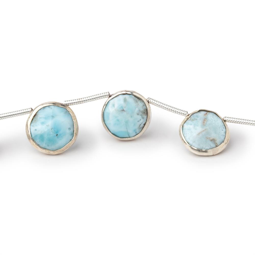 9-11mm Sterling Silver Bezel Larimar Top Drill Coins 6 inch 10 Beads