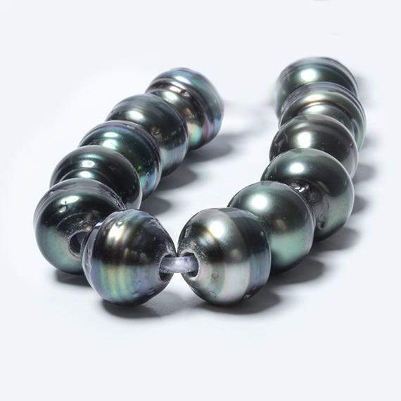 9-9.5mm Pistachio Silver Tahitian Saltwater Ringed Large Hole Pearls 10 pieces