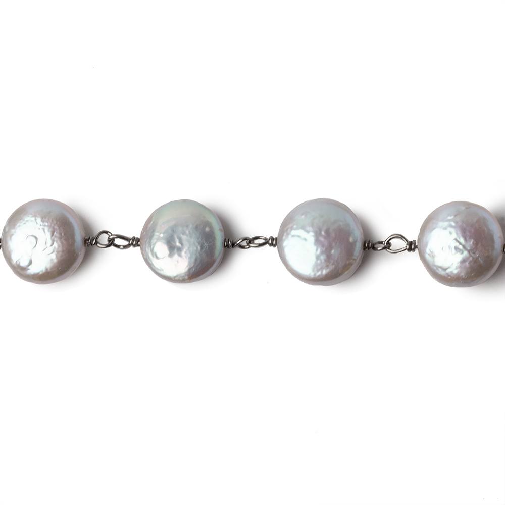 9-9.5mm Silver iridescent Coin Pearl Black Gold .925 Chain